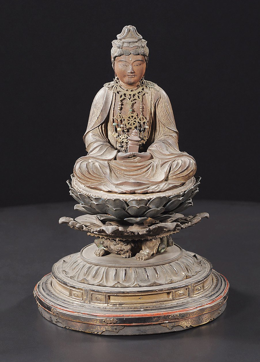 Sedící Miroku Bosatsu, období Kamakura (dřevo, kov, plátkové zlato, pigment a křišťál) od Japanese School