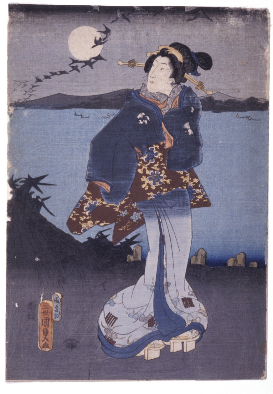 Žena u jezera sleduje úplněk a sestupující husy (barevné dřevoryty) od School Japanese