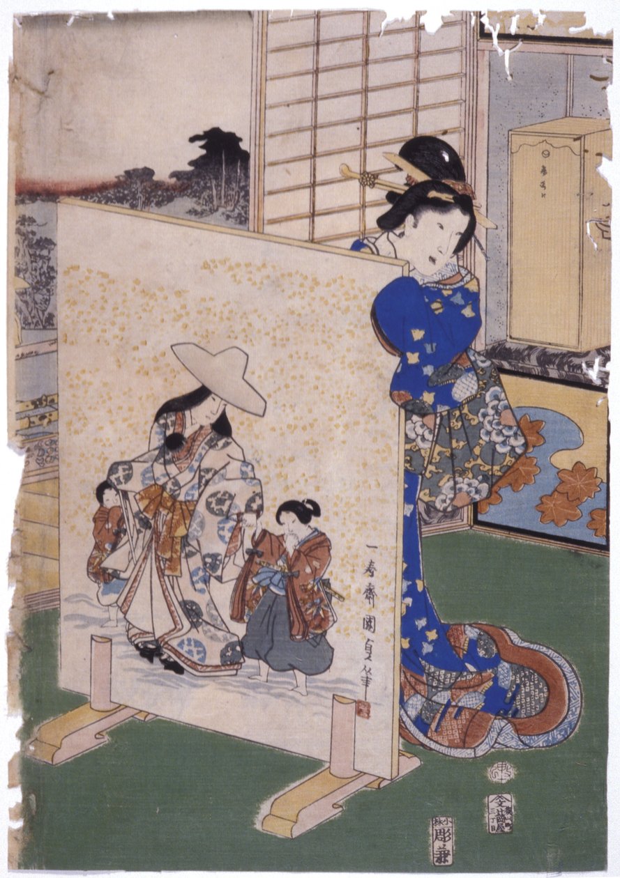 Žena stojí za Tsuitate s obrazem S. "Kunisada" (barevný dřevoryt) od School Japanese