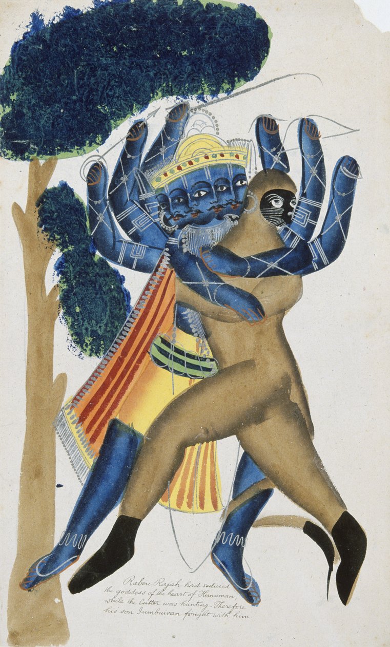 Rávana, démonický král Cejlonu, bojující s Hanumanovým synem (akvarel na papíře) od School Kalighat