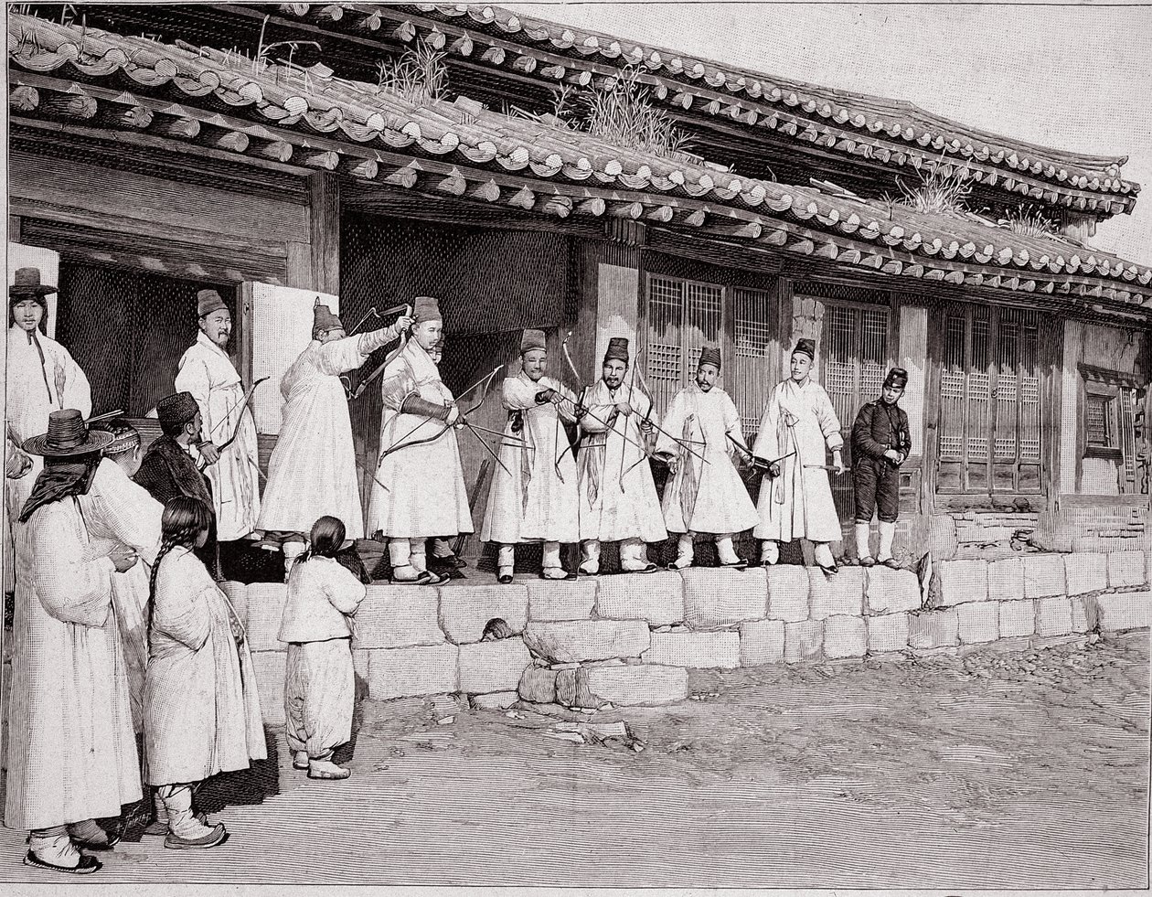 Lukostřelci ve starém paláci v Soulu, Korea, konec 19. století od School Korean