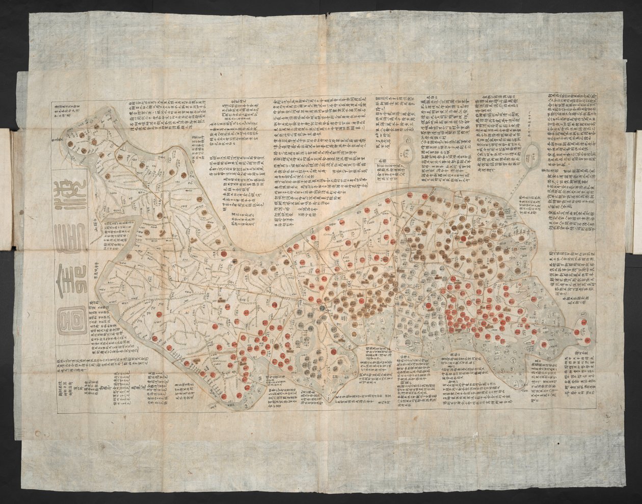 Haejwa chondo - mapa Korejského poloostrova původně vytvořená kolem roku 1820 (barevná rytina) od School Korean