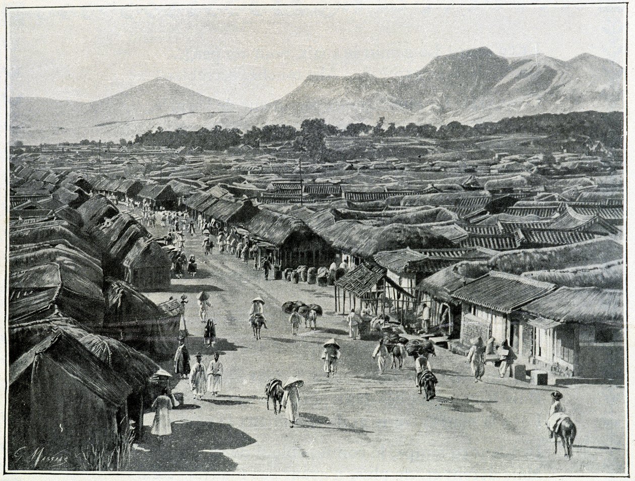 Pohled na hlavní ulici Soulu, hlavního města Koreje v 19. století od School Korean