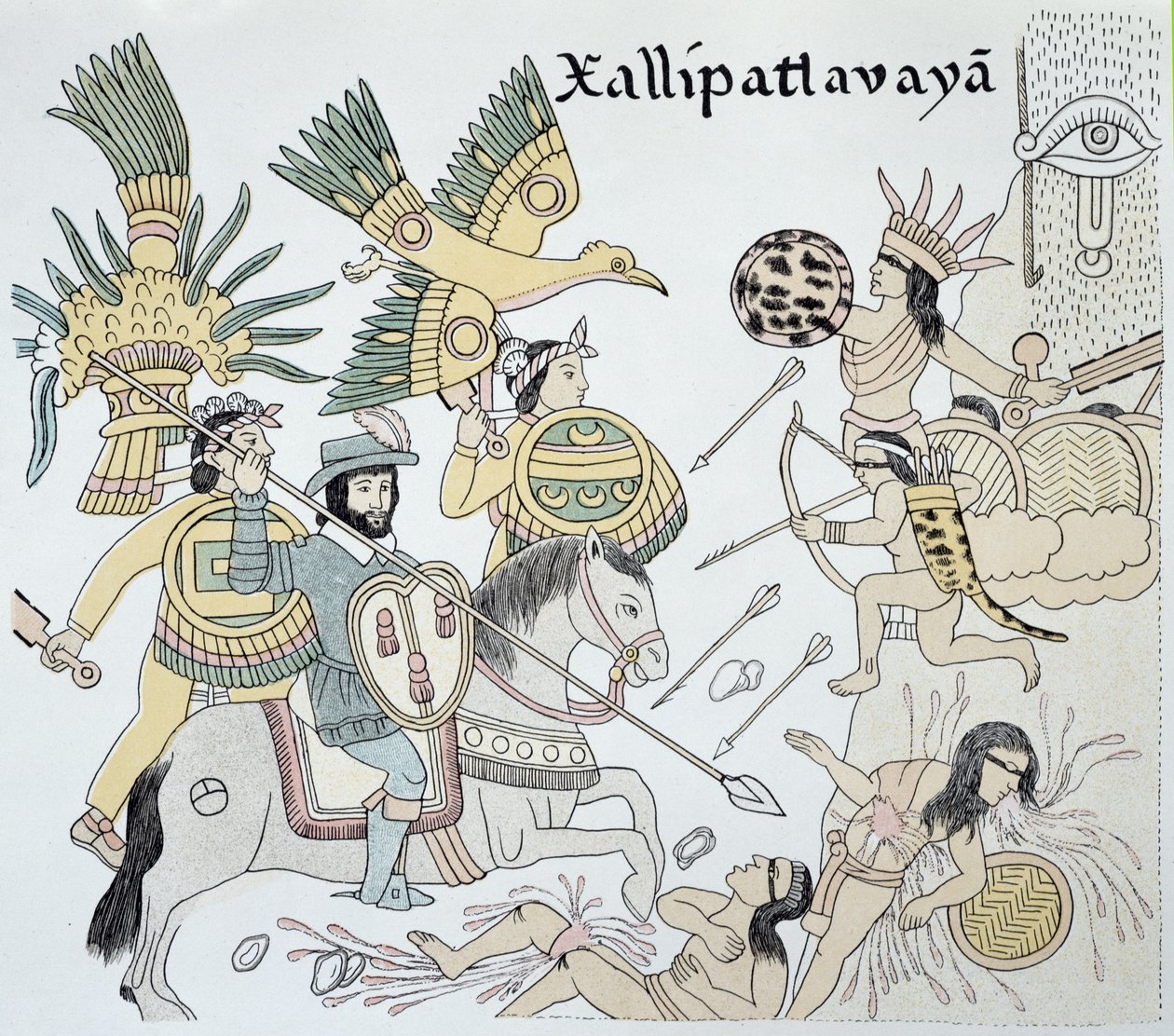 Boj mezi Španěly a Aztéky v bitvě u Xallipatlavaya, ilustrace z faksimile mexické indiánské obrazové historie "Lienzo de Tlaxcala" z roku 1550. od School Mexican