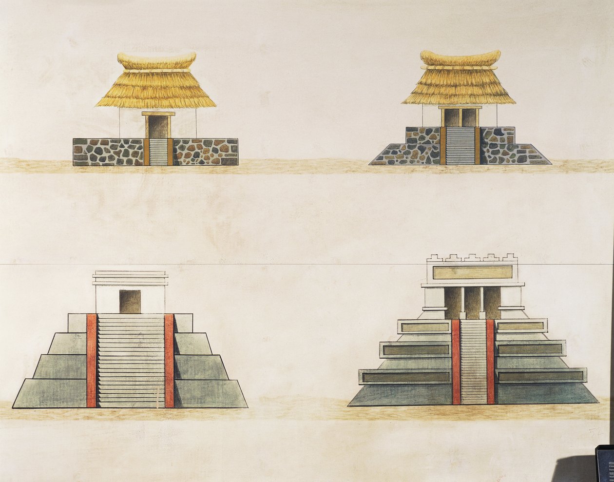 Historická rekonstrukce budov v Tenochtitlánu (barevná litografie) od School Mexican