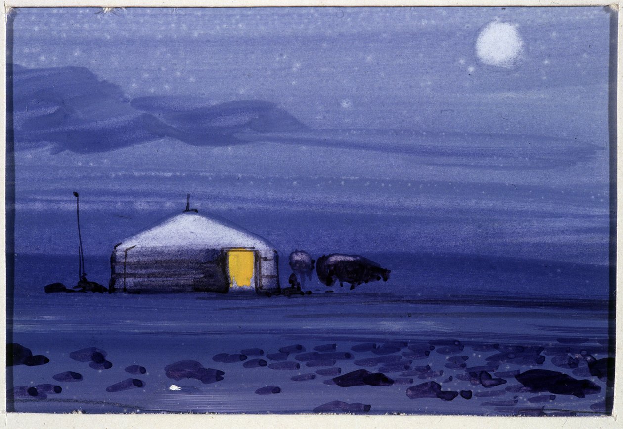 Mongolská jurta, noc - mongolský akvarel od School Mongolian