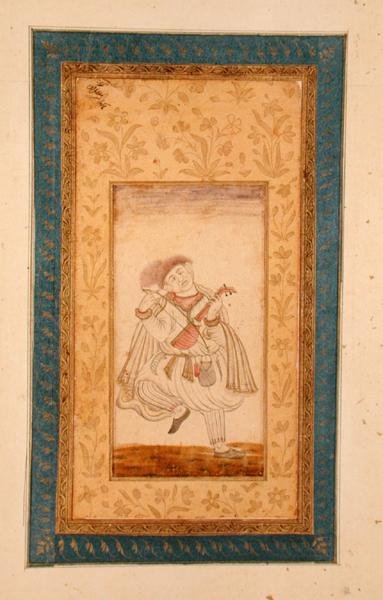 Tančící hráč na Sarangi, hudebník z Mughalského dvora, z Velkého Clive Album (tónovaná kresba) od School Mughal