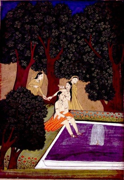 Dáma u bazénu, Johnson Album IX, č.16, kolem 1780 (kvaš se zlatem na papíře) od School Mughal