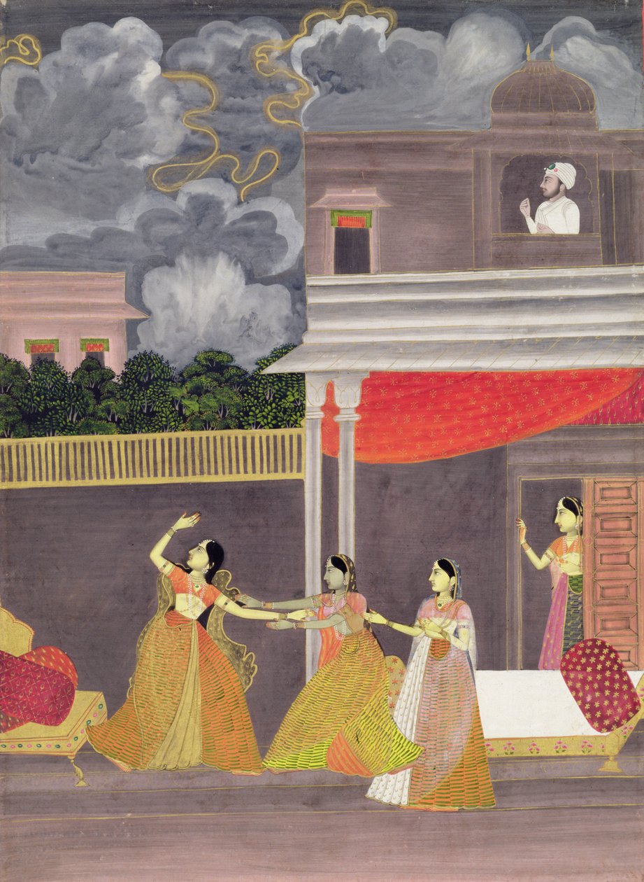 Dáma přivezená z noční bouře: ilustrace z hudebního režimu Madhu Madhavi, cca 1760 (kvaš na papíře) od School Mughal