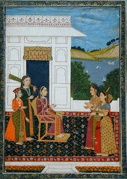 Dáma s obsluhou na terase, z Malého Clive Album (neprůhledný akvarel na papíře) od School Mughal