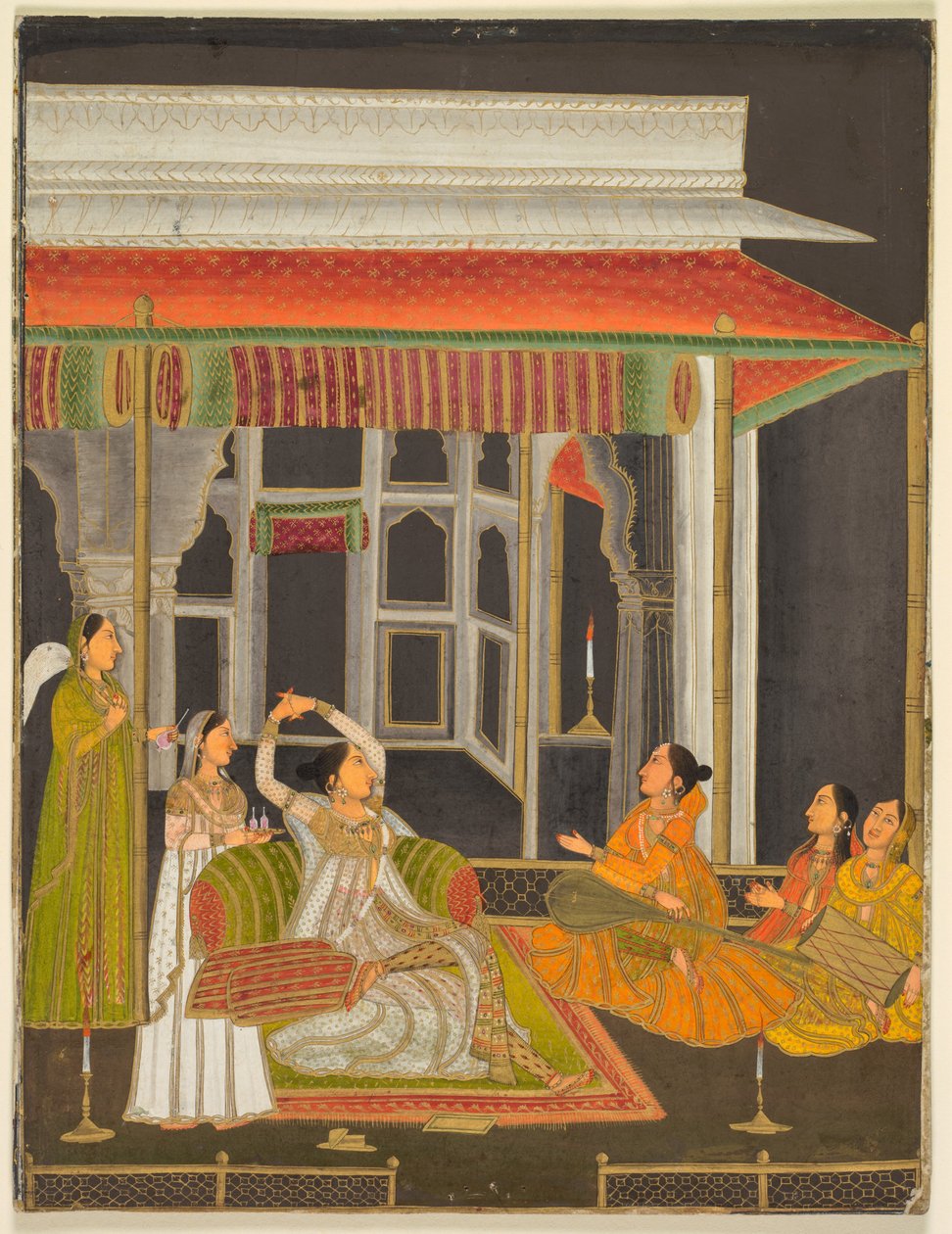 Princezna na terase s doprovodem v noci (recto); kaligrafie (verso), kolem roku 1760 (neprůhledný akvarel se zlatem na papíře) od School Mughal