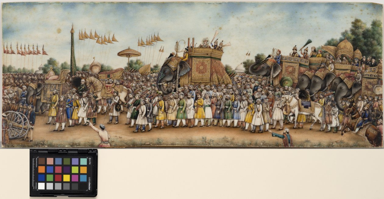 Akbar Shah II jede na slonovi v obrovském průvodu, kolem roku 1835 (neprůhledný akvarel a zlato na slonovině) od School Mughal