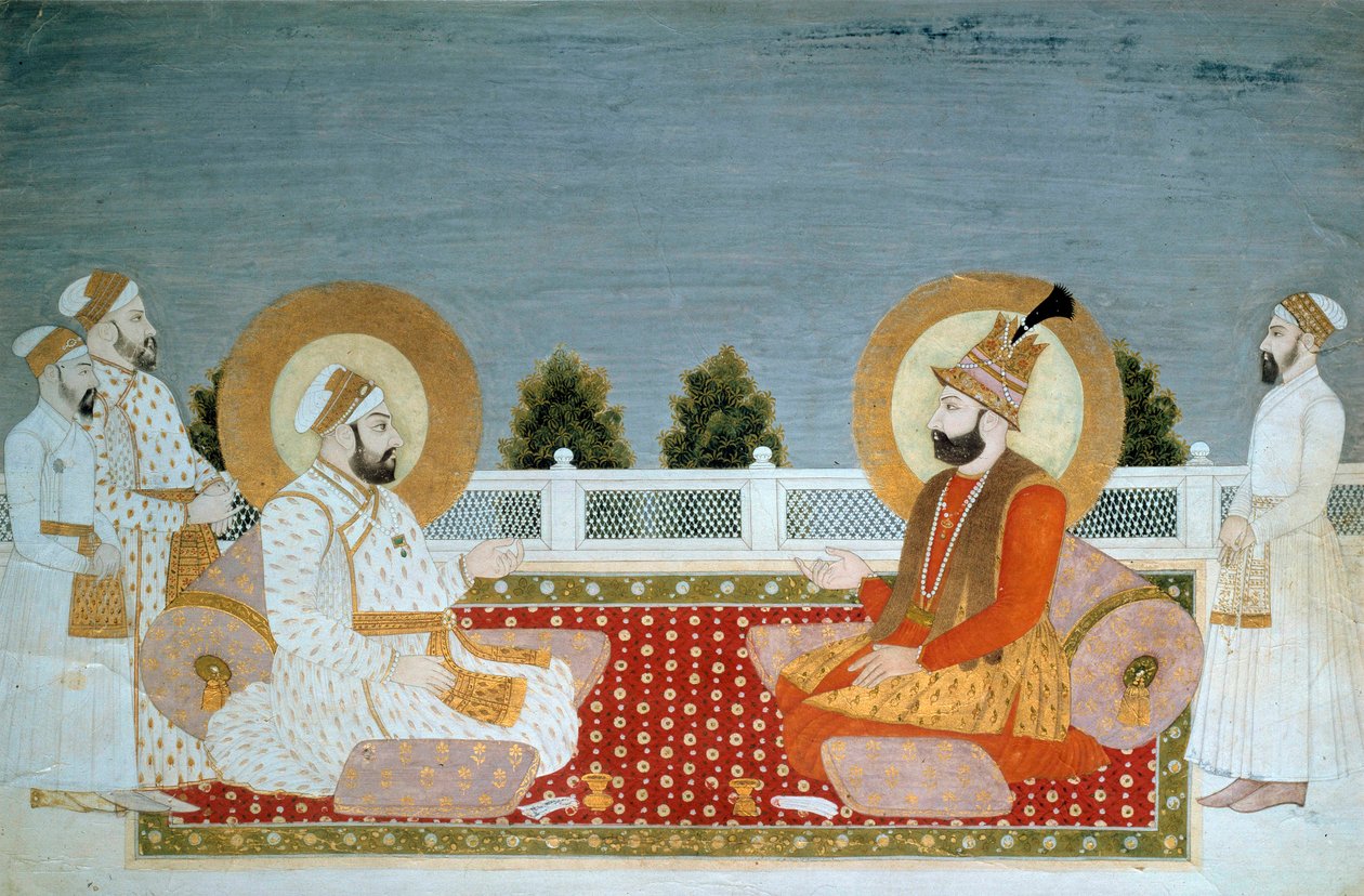 Indické umění: „“Reprezentace Mohammeda Shaha (1702-1748) indického císaře a Nadir Shaha (1688-1747), íránského šáha““ Miniatura mugholské školy, Muhammad Shah (1526-1858 n. l.), Sun. 0,21x0,31 m - Paříž, Musee Guimet, Musee national des Arts Asians - M od School Mughal