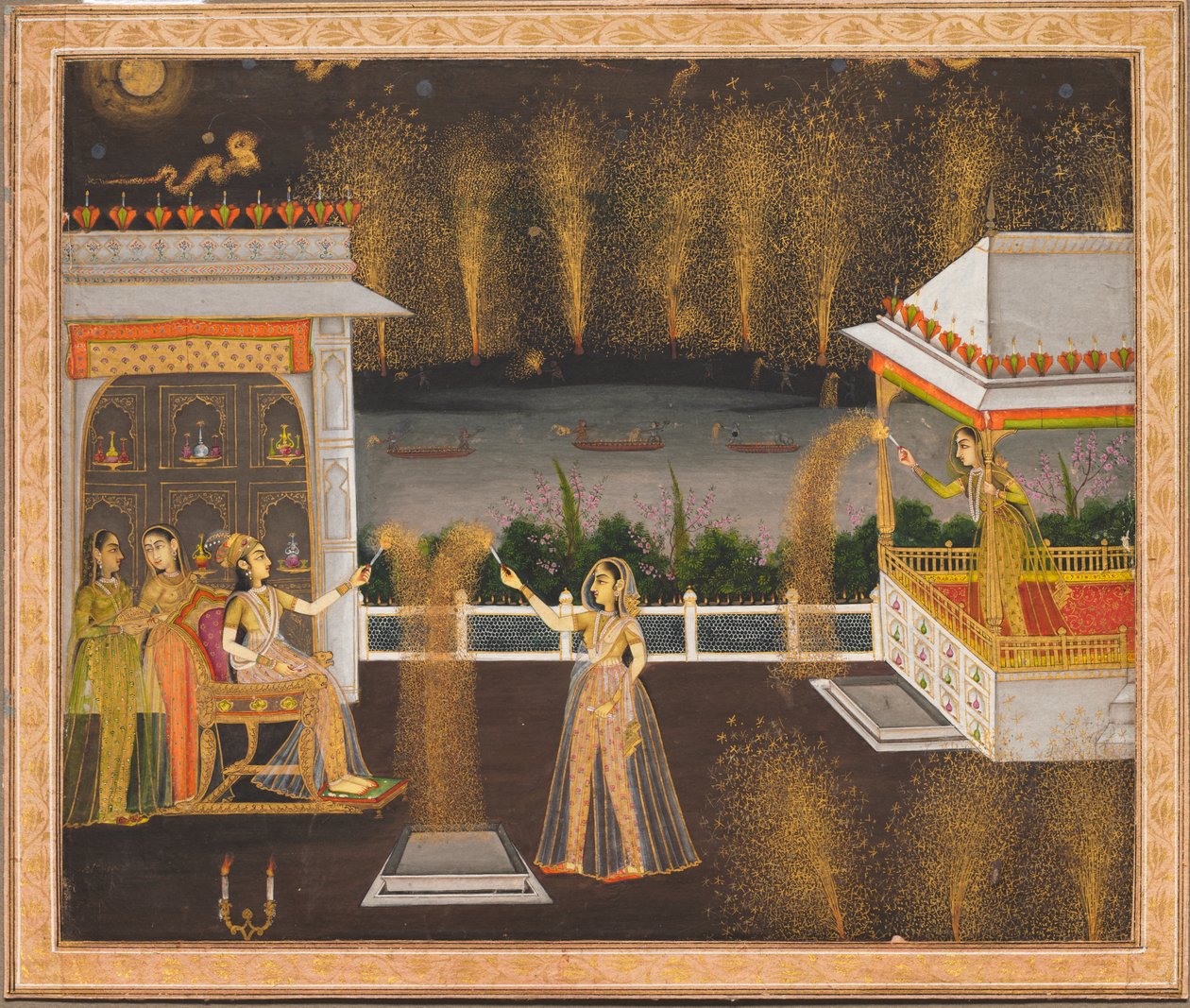 Dámy slavící Diwali, cca 1760 (neprůhledný akvarel a zlato na papíře) od School Mughal