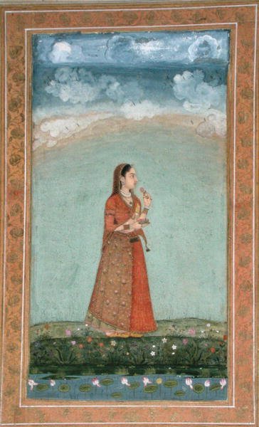 Dáma držící misku růžových květů, z malého alba Clive (neprůhledný akvarel na papíře) od School Mughal