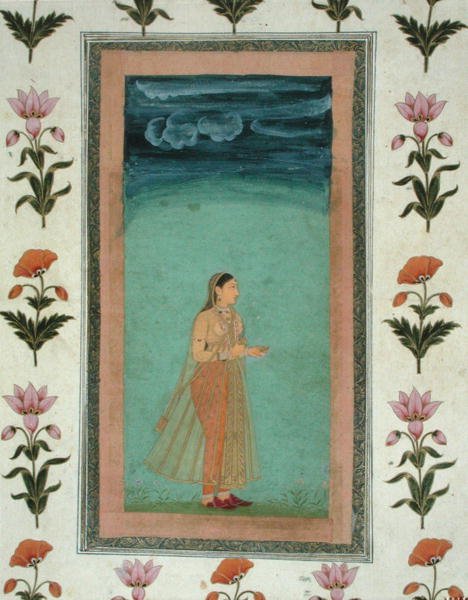 Dáma držící květinu z malého alba Clive (neprůhledný akvarel na papíře) od School Mughal