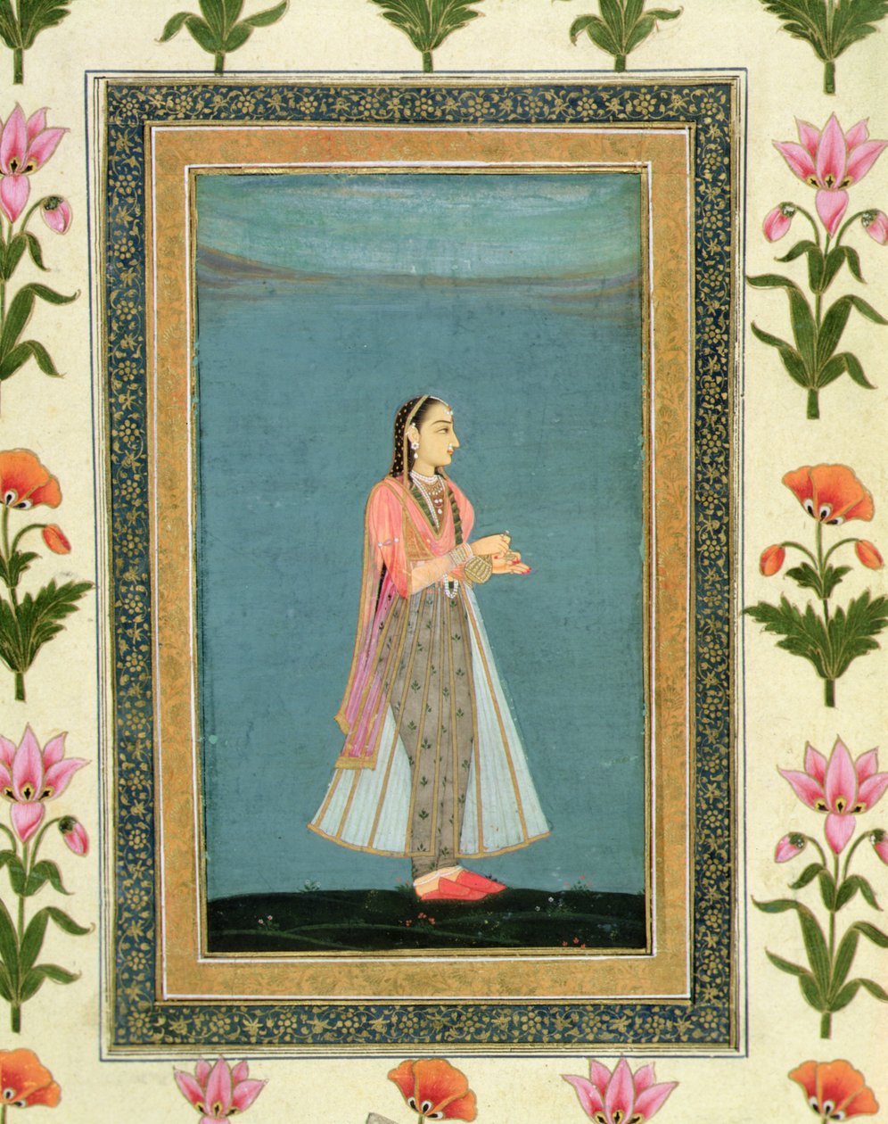 Dáma držící láhev na víno a pohár z Velkého alba Clive (akvarel na papíře) od School Mughal