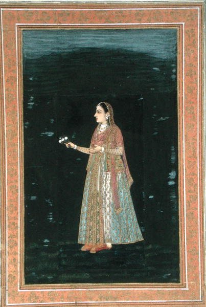 Dáma držící květiny, z malého alba Clive (neprůhledný akvarel na papíře) od School Mughal