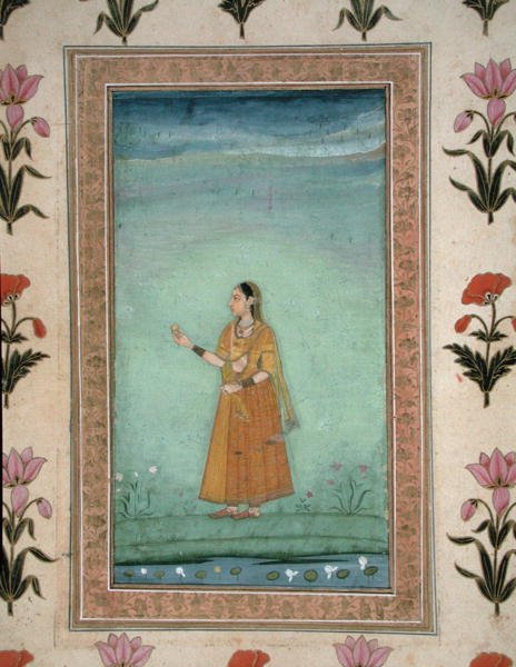 Dáma držící ovoce, stojící u leknínového jezírka, z Malého alba Clive, kolem roku 1600 (neprůhledný akvarel na papíře) od School Mughal