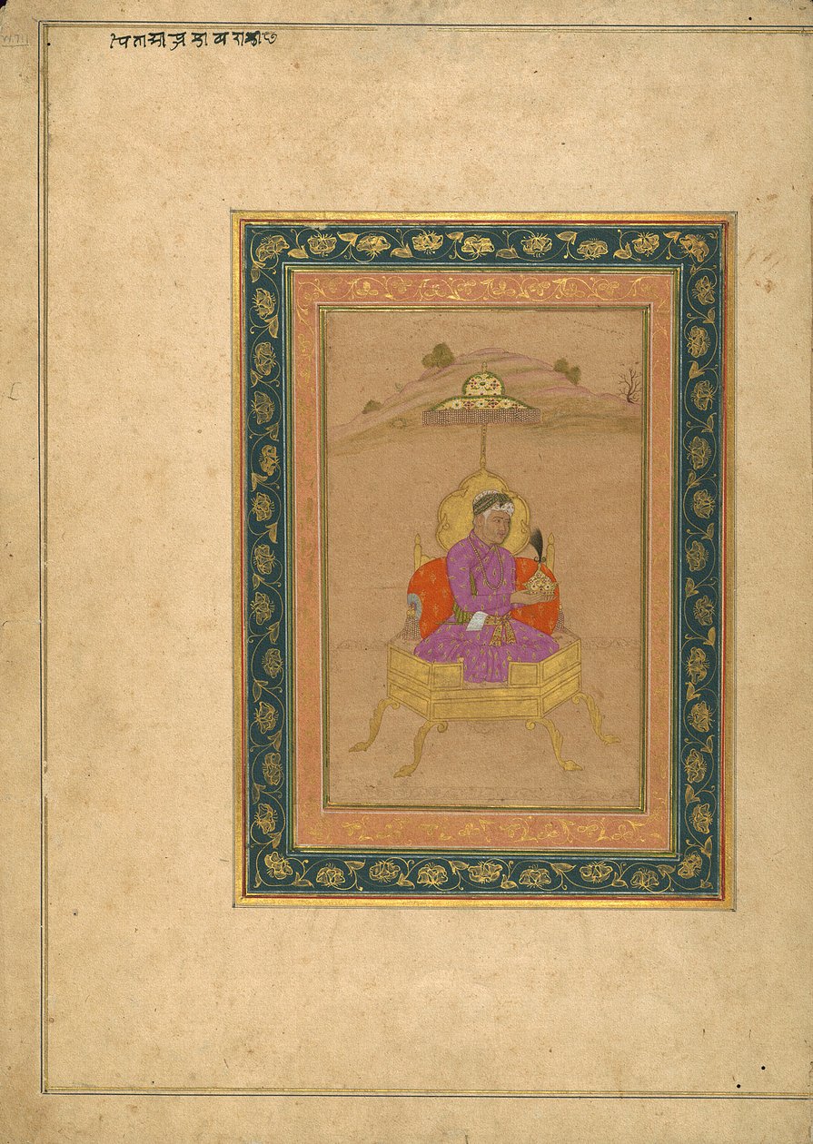 3. mughalský císař Akbar seděl na královském trůnu a držel svou korunu od School Mughal