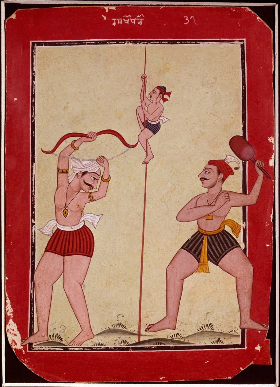 Tři sportovci během tréninku (lano, lukostřelba a hra na sněžnicích) (Miniatura od School Mughal