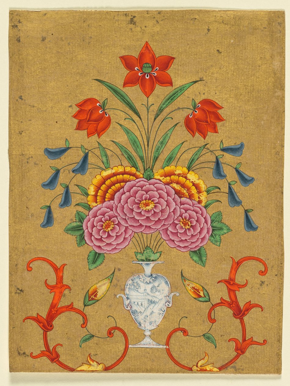 Váza s květinovým aranžmá a svitky, asi 1750-1800 (neprůhledný akvarel se zlatem na papíře) od School Mughal