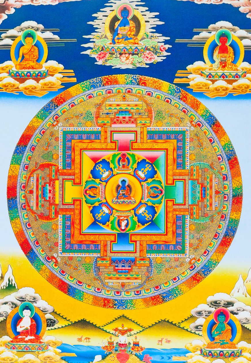 Akshobhya Mandala, joka kuvaa häiriötöntä Buddhaa Bhumi Sparsa Mudrana ja maa todistaa hänen valaistumisestaan (guassi kankaalla) od School Nepalese