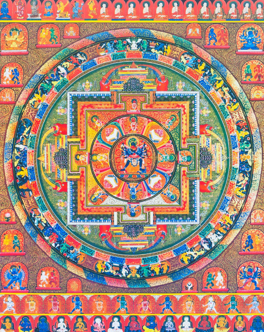 Chakrasambhara Mandala, zobrazující hlavní božstvo Sambhara objímající svou choť Vajrabarahi symbolizující spojení moudrosti a praxe k dosažení nejvyšší blaženosti (kvaš na látce) od School Nepalese