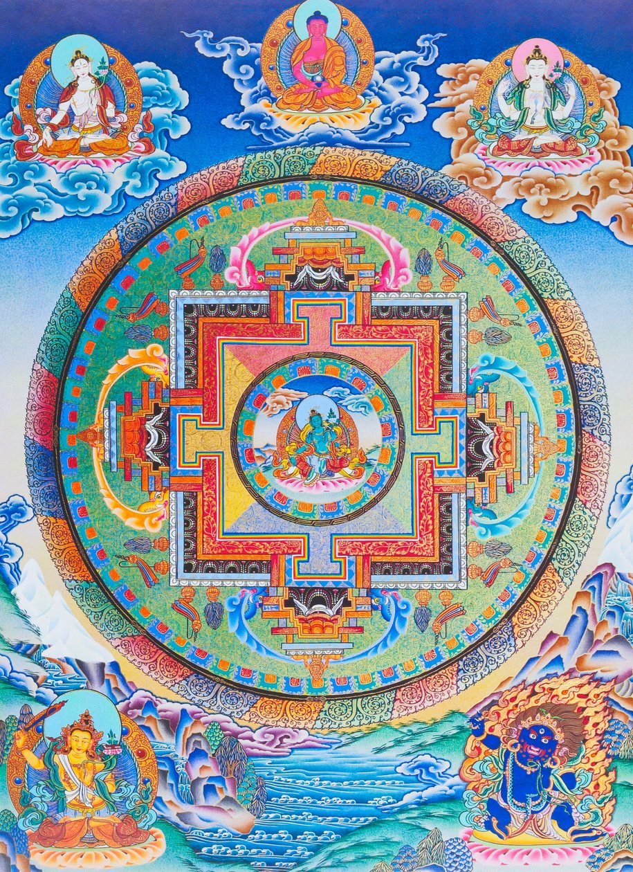 Zelená Tara Mandala zobrazující mateřskou ochránkyni před všemi nebezpečími v oceánu existence (kvaš na látce) od School Nepalese