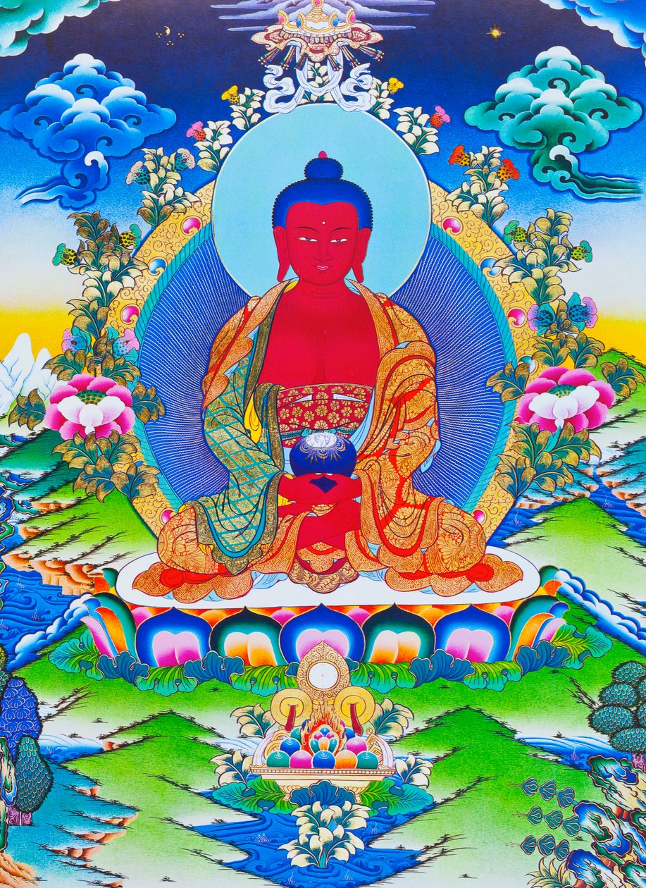 Obrázek znázorňující Amitabha Buddhu sedícího na lotosu (kvaš na látce) od School Nepalese