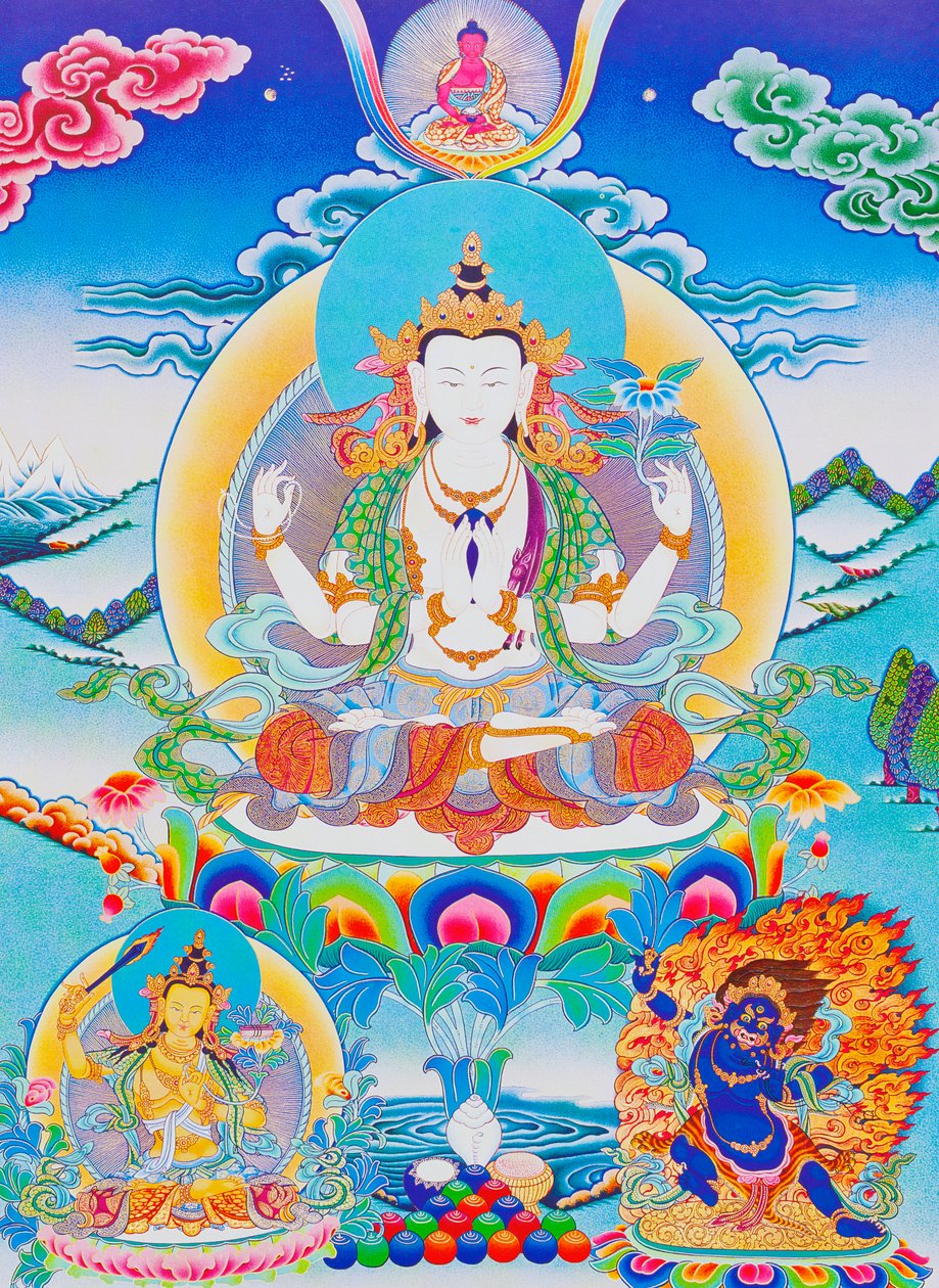 Obrázek znázorňující Chenresiho, pána šesti slabik „Óm Mani Padme Hum“ (kvaš na látce) od School Nepalese