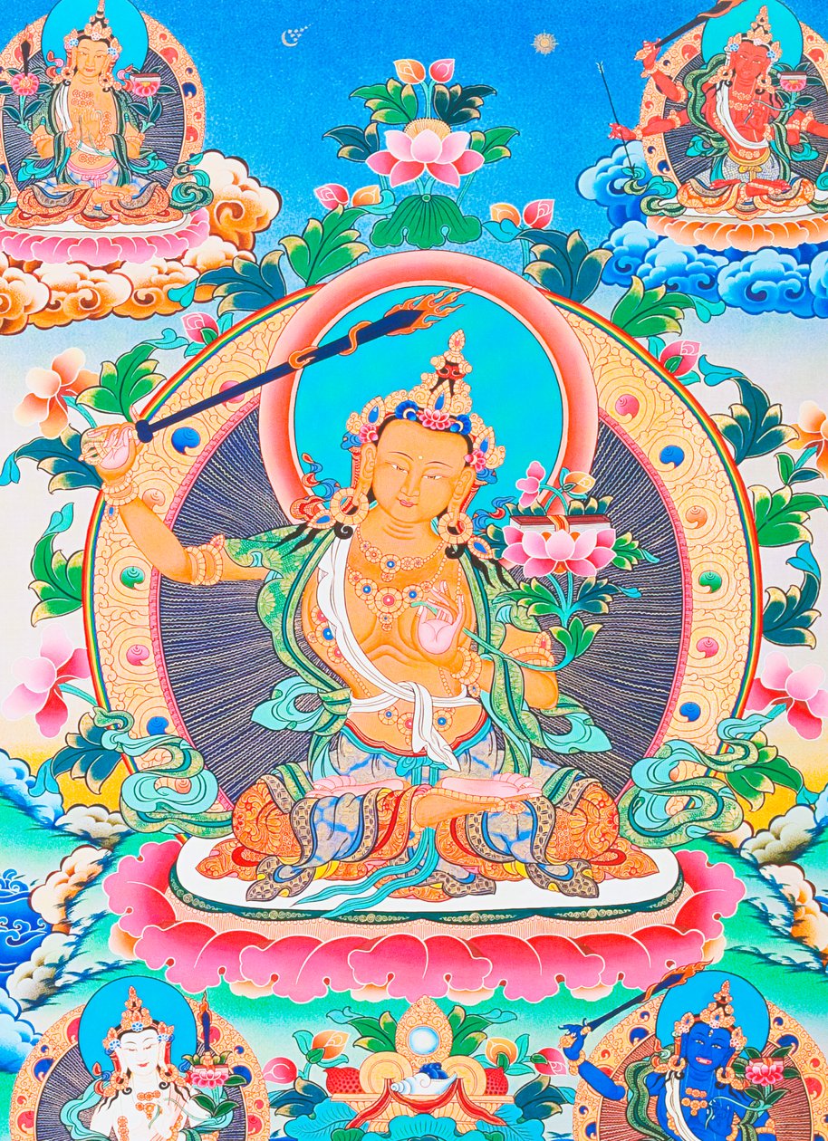 Kuva, joka esittää Manjushreeta, legendaarista Katmandun laakson luojaa (guassi kankaalla) od School Nepalese