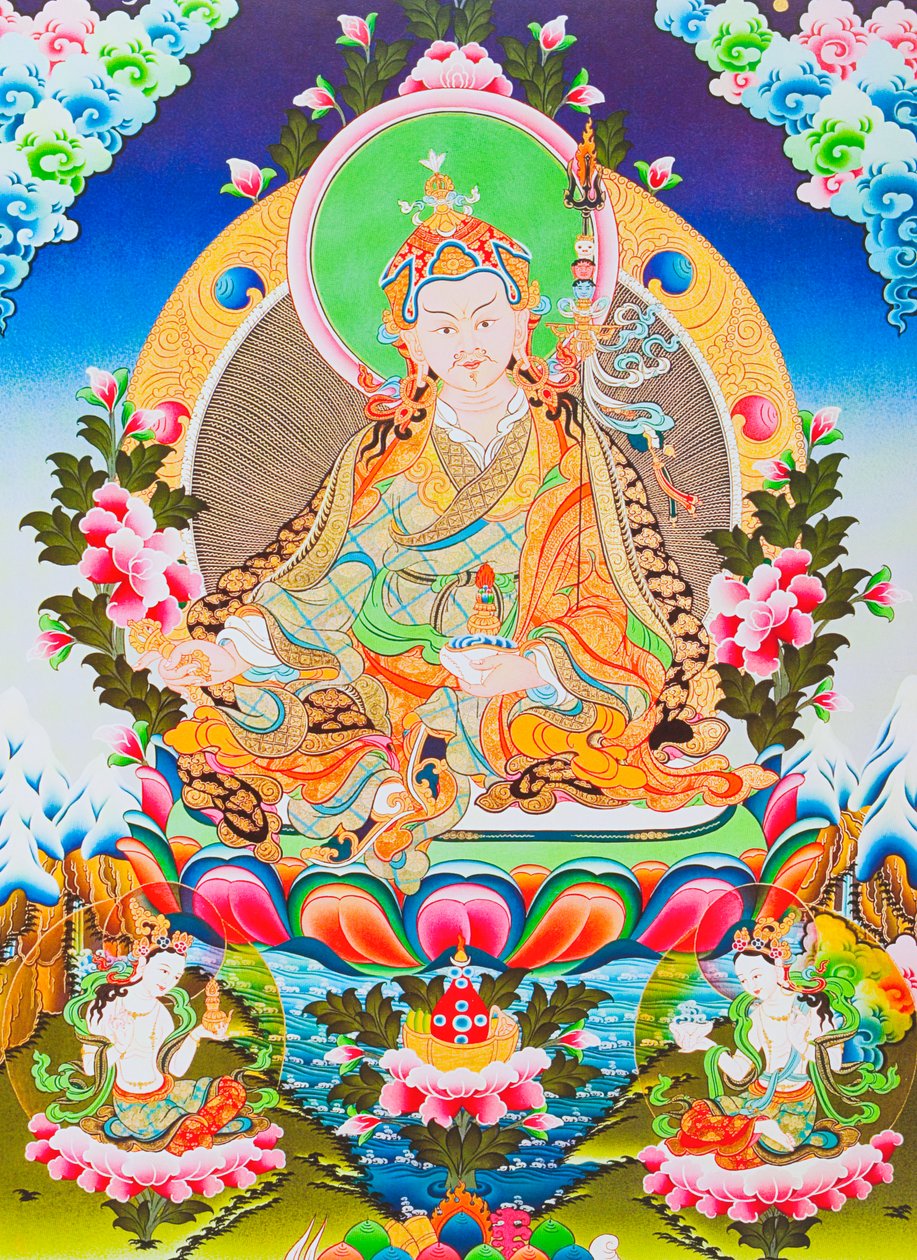 Obrázek znázorňující Padmasambhavu a gurua Rinpočheho, zbožštěného apoštola tibetského tantrismu, o kterém se říká, že získal kontrolu nad démony a duchy (kvaš na látce) od School Nepalese