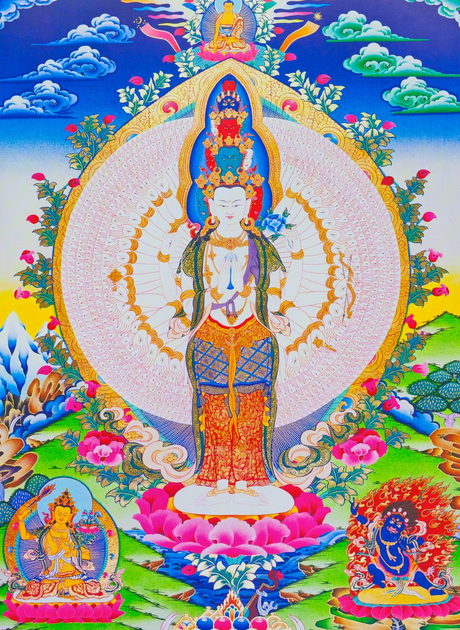 Obrázek znázorňující Avalokiteshvara s tisíci pažemi, jedenáctihlavý Avalokiteshvara s tisíci pažemi a 1022 očima symbolizující nekonečný soucit (kvaš na látce) od School Nepalese