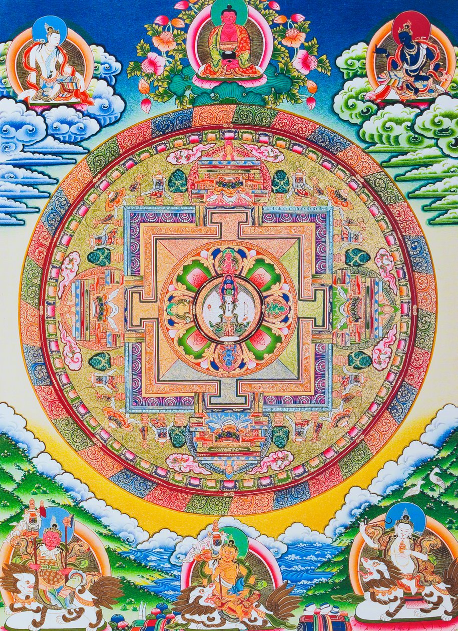 Mandala s tisíci pažemi Avalokiteshvara; posvátný, magický kruh zobrazující jedenáctihlavého bódhisattvu symbolizující nekonečný soucit (kvaš na látce) od School Nepalese