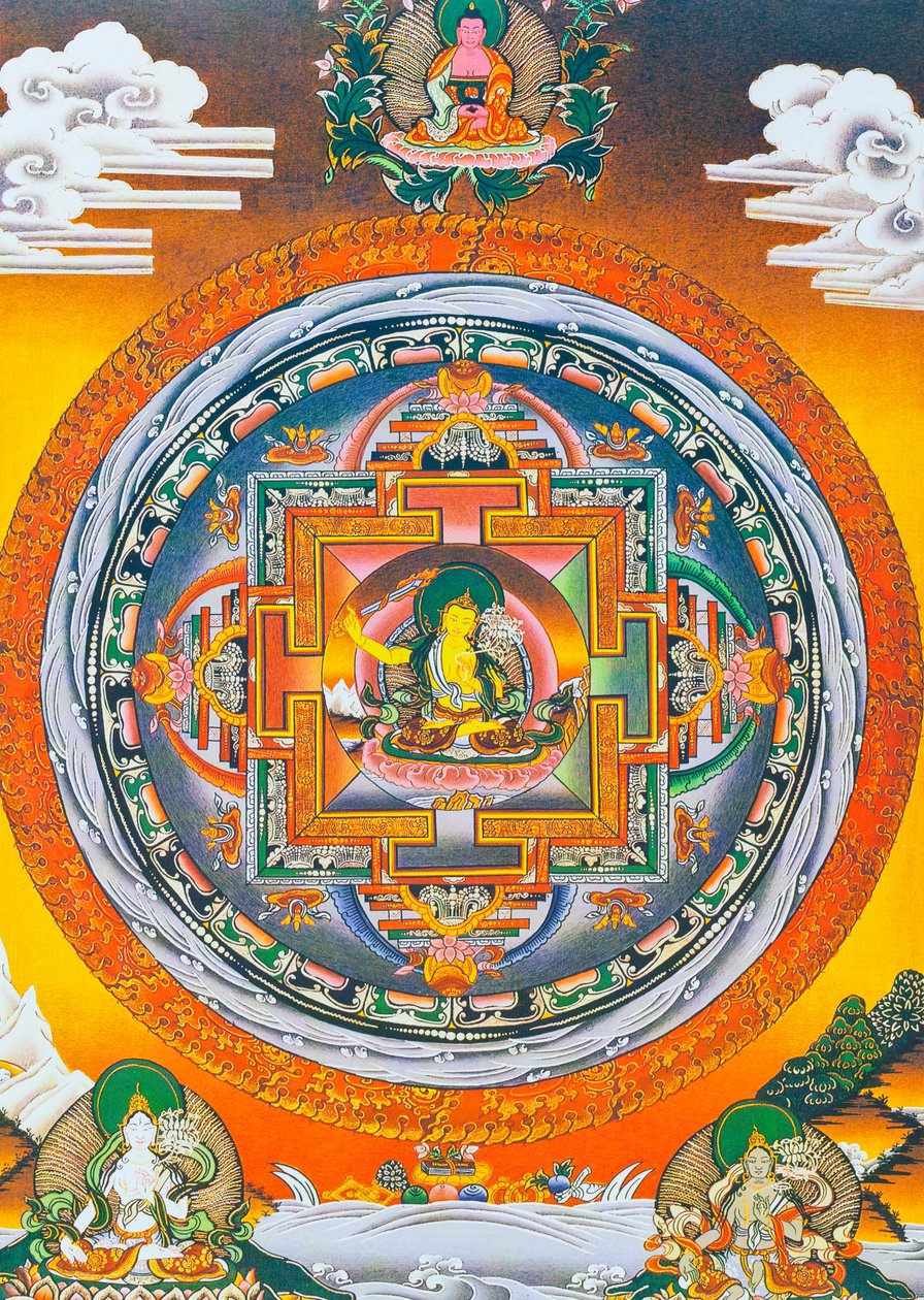 Manjushree Mandala, jossa keskushahmo edustaa viisauden jumalaa Manjushreeta, legendaarista Katmandun laakson luojaa (guassi kankaalla) od School Nepalese