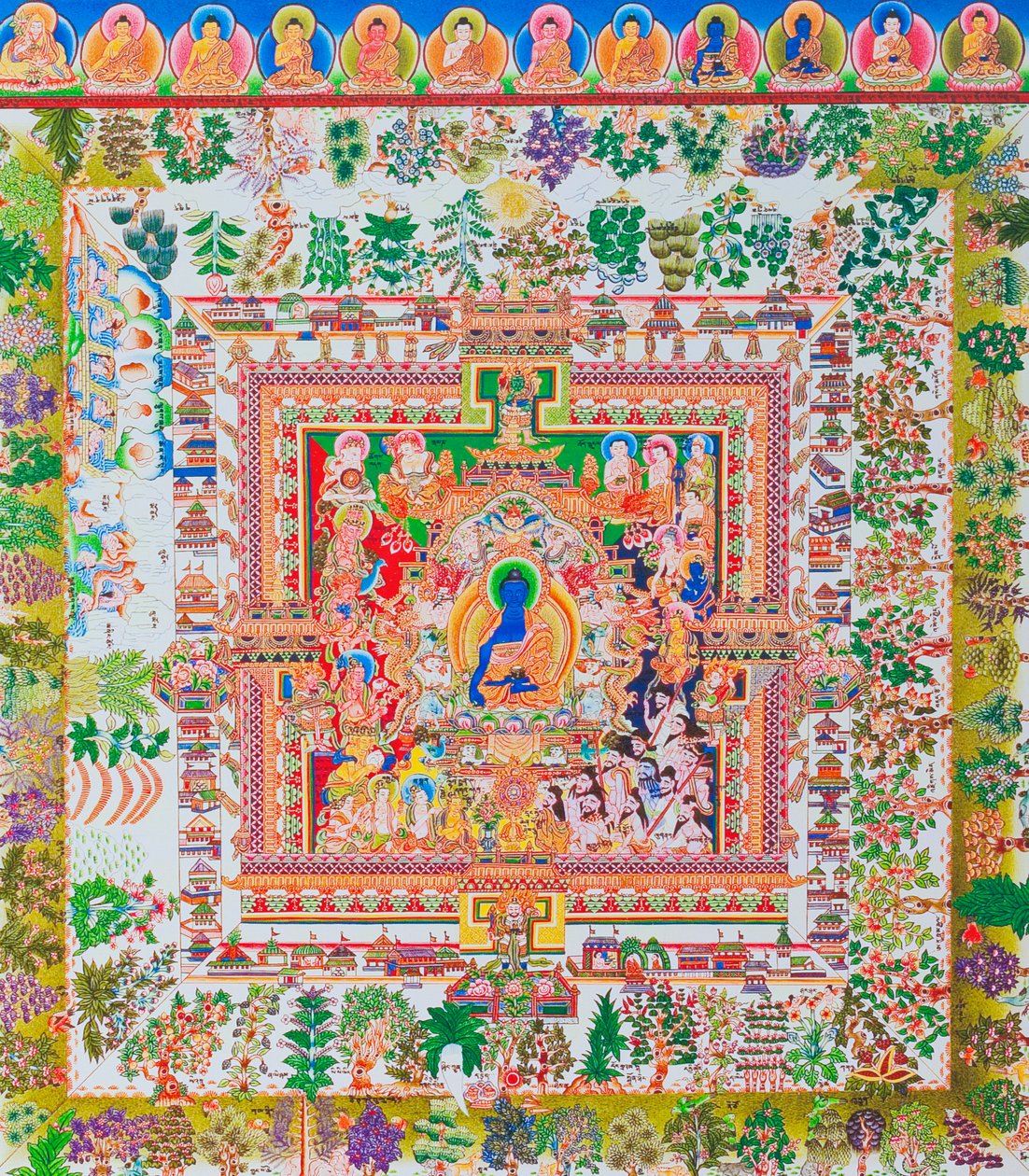 Medicínský Buddha Mandala, ústřední postava Bhaisajyagurua, představuje nejvyššího léčitele v klášterním rouchu s miskou obsahující léčivé rostliny (kvaš na látce) od School Nepalese