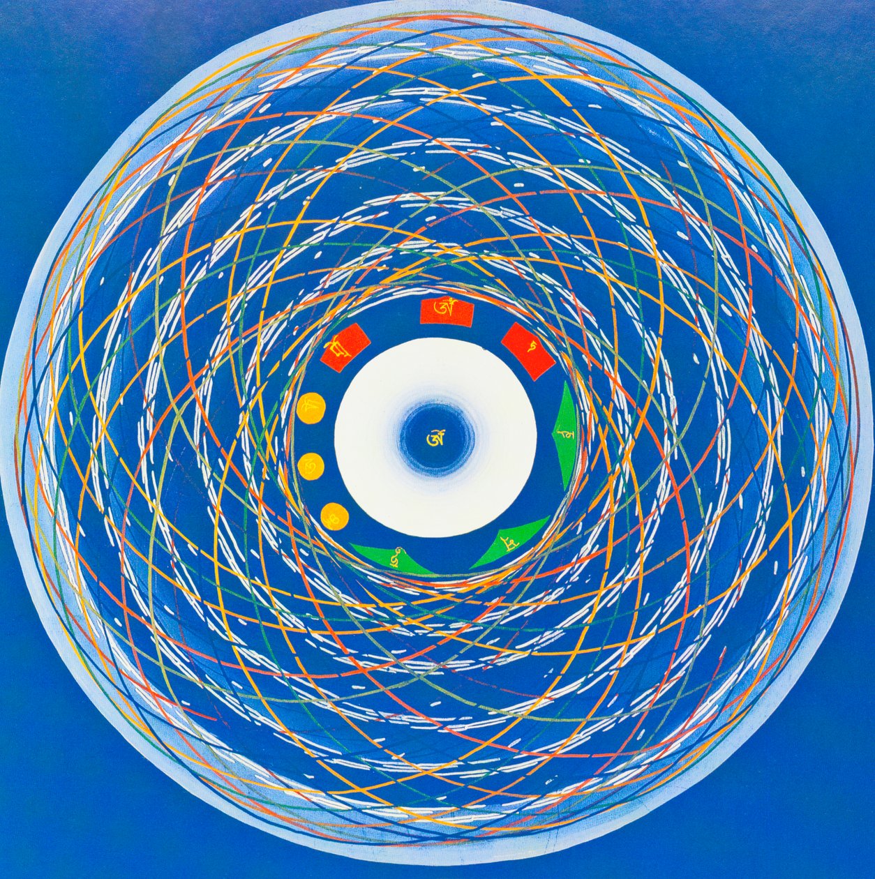 Om cosmo Mandala, zobrazující celistvost, jednotu a obnovu (kvaš na látce) od School Nepalese