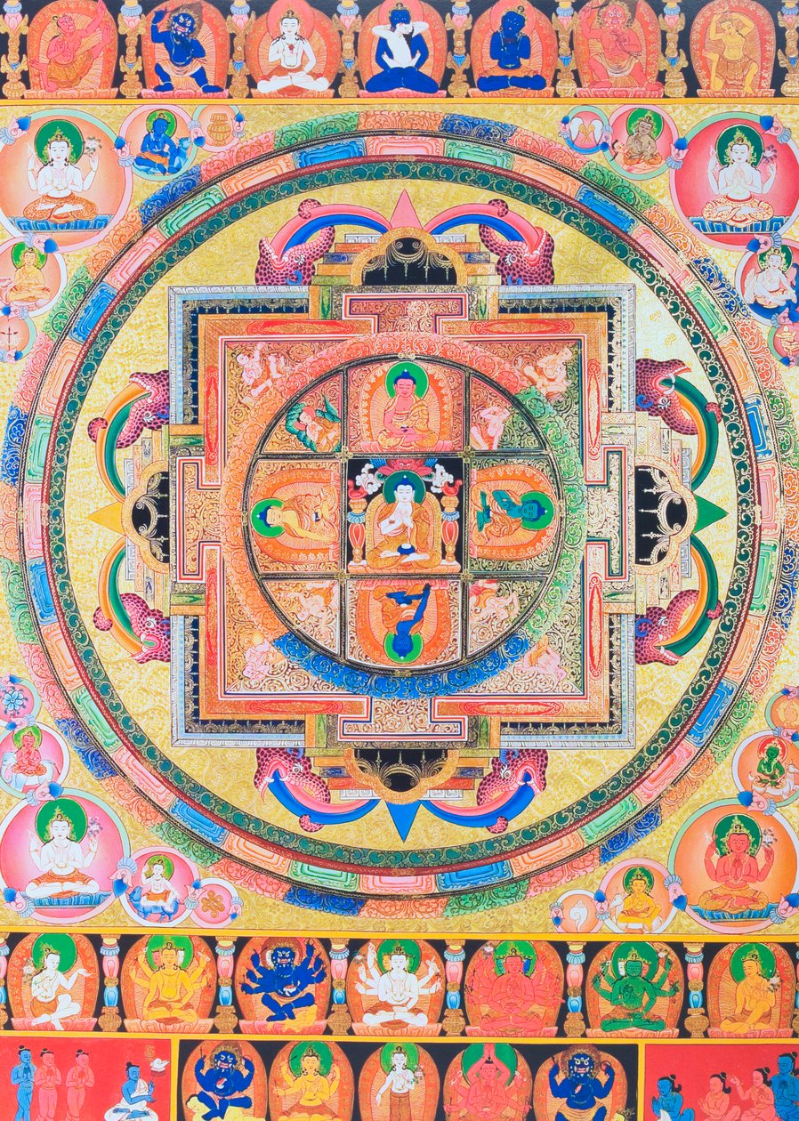 Pancha Buddha Mandala, zobrazující pět forem Buddhy symbolizující pět druhů moudrosti (kvaš na látce) od School Nepalese