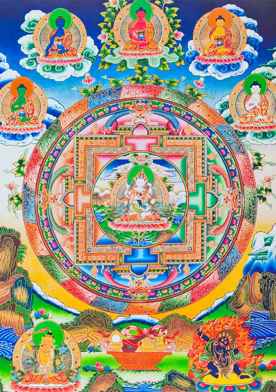 Vadžrasattva, Mandala, zobrazující samostatně vytvořeného tantrického Buddhu bez jakéhokoli začátku nebo konce ve věčném objetí s pradžňáckou moudrostí (kvaš na látce) od School Nepalese