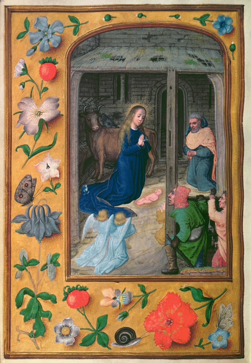 Přidat 35314 f.25v Narození Páně, z Knihy hodin, Bruggy, cca 1510-20 (vellum) od School Netherlandish