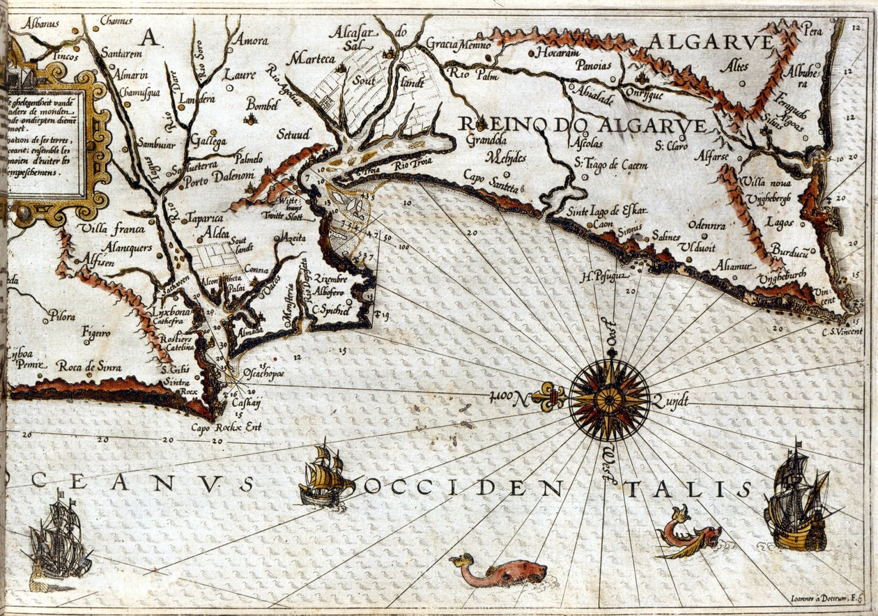 Cape Sagres (neboli Posvátný mys) na konci Portugalska po portulánu Luca J. Waghenaera Treesor zeevaert vytištěný v Leidenu v roce 1592 od School Netherlandish
