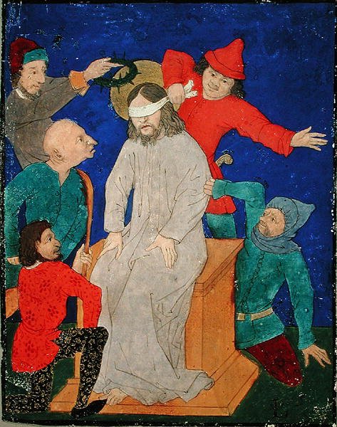 Posmívaný Kristus (kvaš a černý inkoust a barva na pergamenu) od School Netherlandish