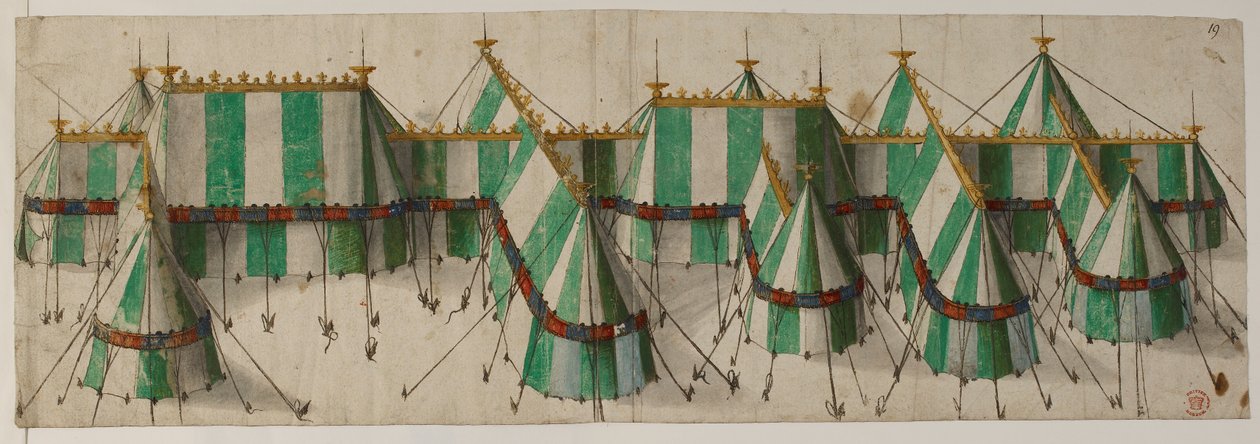 Cotton Augustus III, f.19 Návrh královského pavilonu v tudorovských barvách bílé a zelené, údajně pro Jindřicha VIII. na poli zlaté látky od School Netherlandish