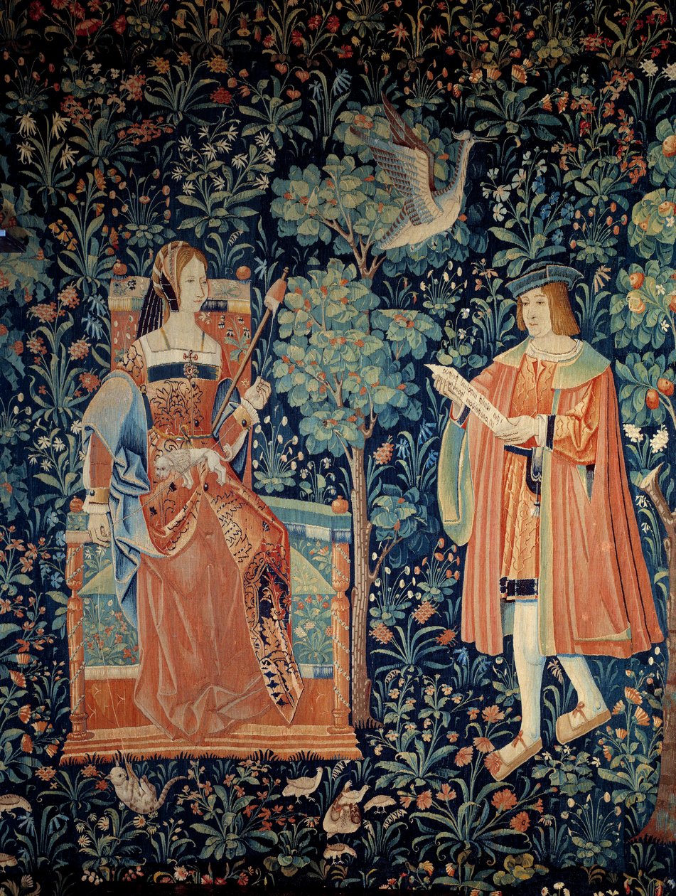 Opona panského života: scéna zdvořilé lásky. Detail. Vlněný a hedvábný gobelín vyrobený kolem roku 1520 v Nizozemsku. Paříž, Národní muzeum středověku, Thermes de Cluny od School Netherlandish