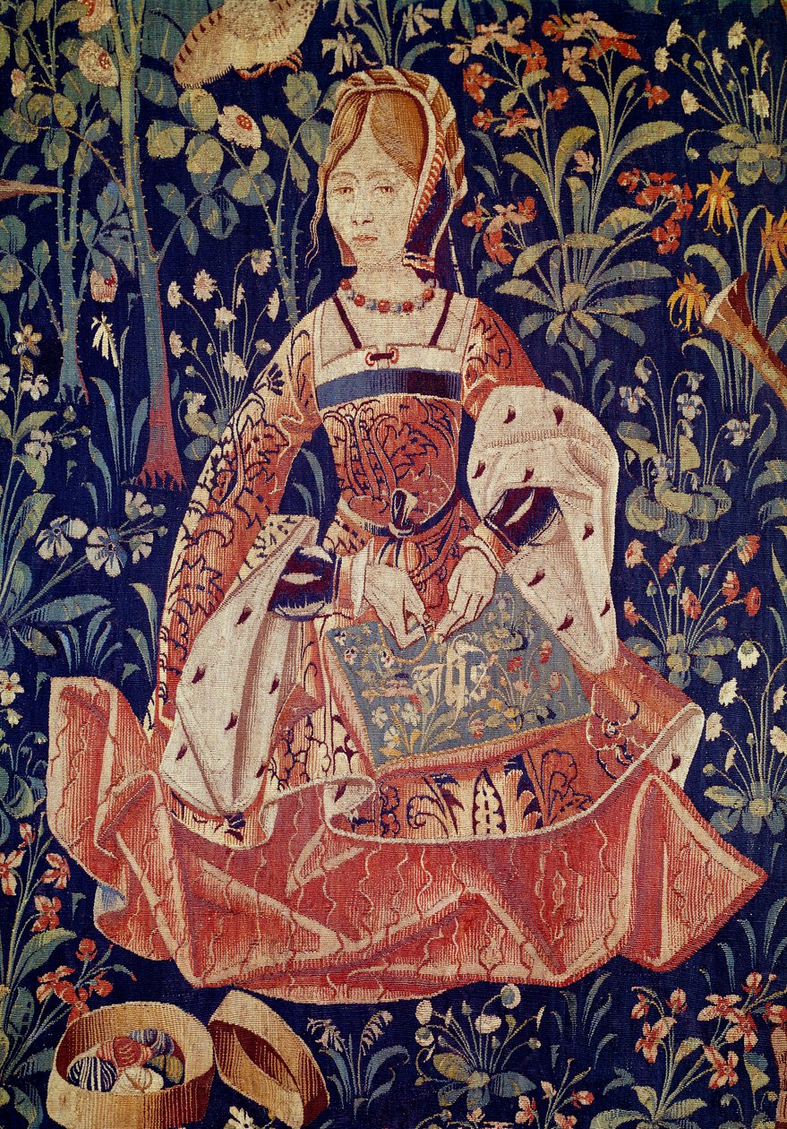 Závěs panského života: Výšivka. Detail. Vlněný a hedvábný gobelín vyrobený kolem roku 1520 v Nizozemsku. Paříž, Národní muzeum středověku, Thermes de Cluny od School Netherlandish