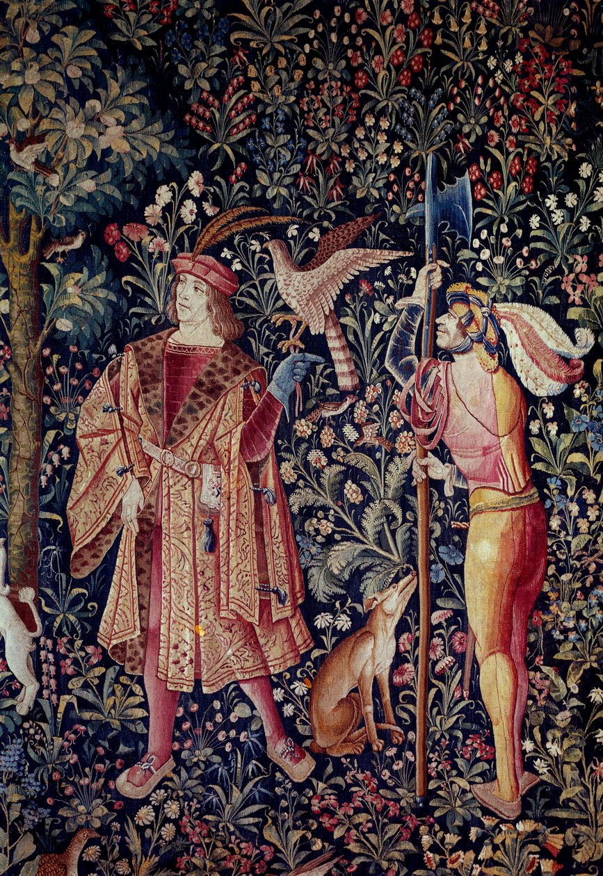 Odchod z panského života: odchod na lov. Detail. Vlněný a hedvábný gobelín vyrobený kolem roku 1520 v Nizozemsku. Paříž, Národní muzeum středověku, Thermes de Cluny od School Netherlandish