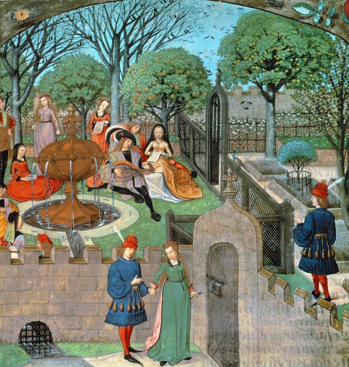 Harl 4425 f.12v Zahradní scéna, milenka a dáma Oyseuse (Nečinnost) mimo zahradní zdi, z 
