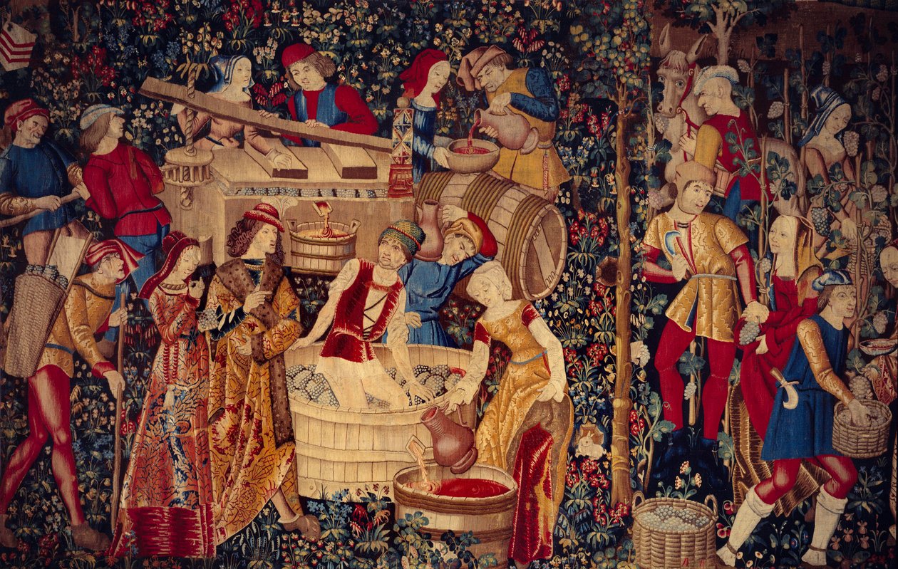 Scéna sklizně Detail vlevo. Tapiserie z Nizozemska od School Netherlandish