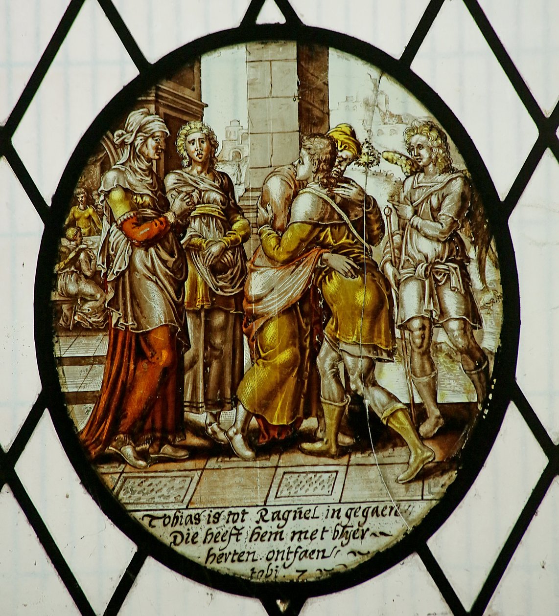 Roundel: Tobias přijíždí do Ekbatany (vitráže) od School Netherlandish